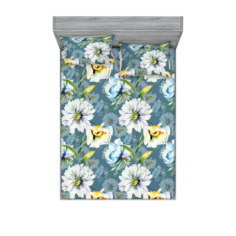Drap-housse et taies décoratives 3 pièces Ambesonne, Ardoise, bleu-vert / floral
