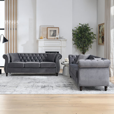 2Pcs 3 Seater 80" Chesterfield Sofa Velvet