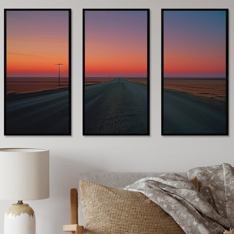 «Sunset Road Landscape I», ensemble d'art mural, Cadre flottant noir, H 32 po x l 48 po x P 1 po