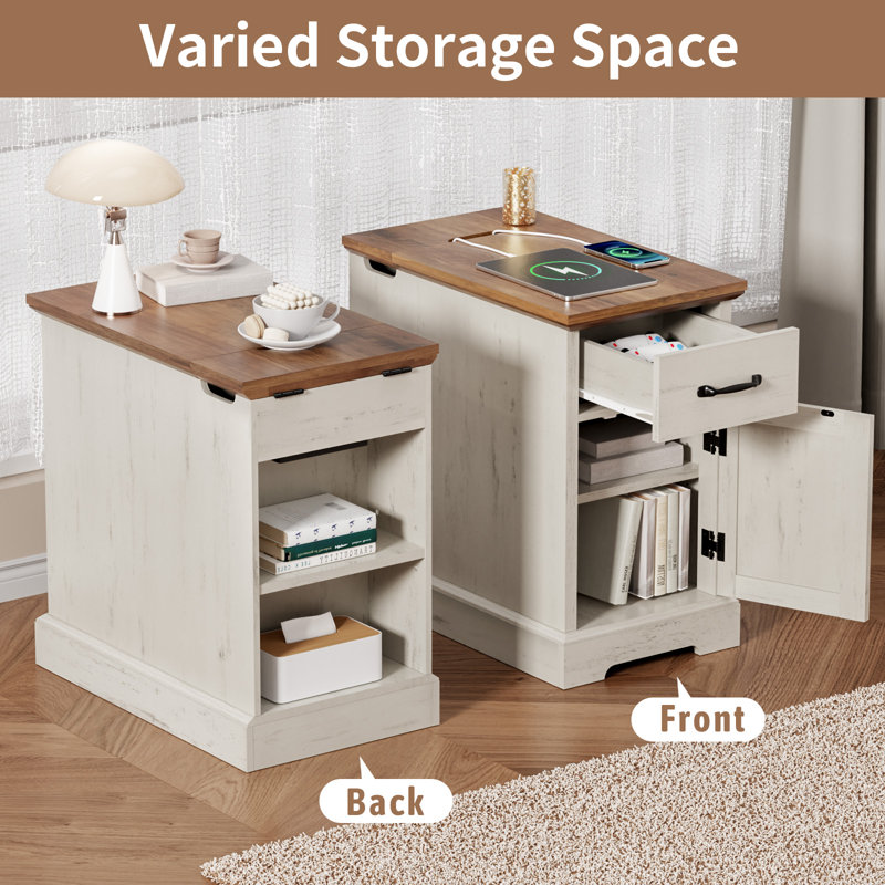 Farmhouse End Table With Built-In Outlets & Adjustable Shelves, Natural/Rustic White