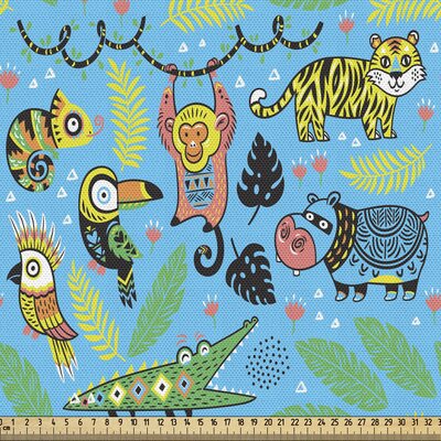 Animal Fabric By The Yard, Colorful Pattern Of Various Jungle Animals In A Tropic Setting, Decorative Fabric For Upholstery And Home Accents,Deep Sky -  East Urban Home, D18E7078798E4314B815E0E5F35330BE