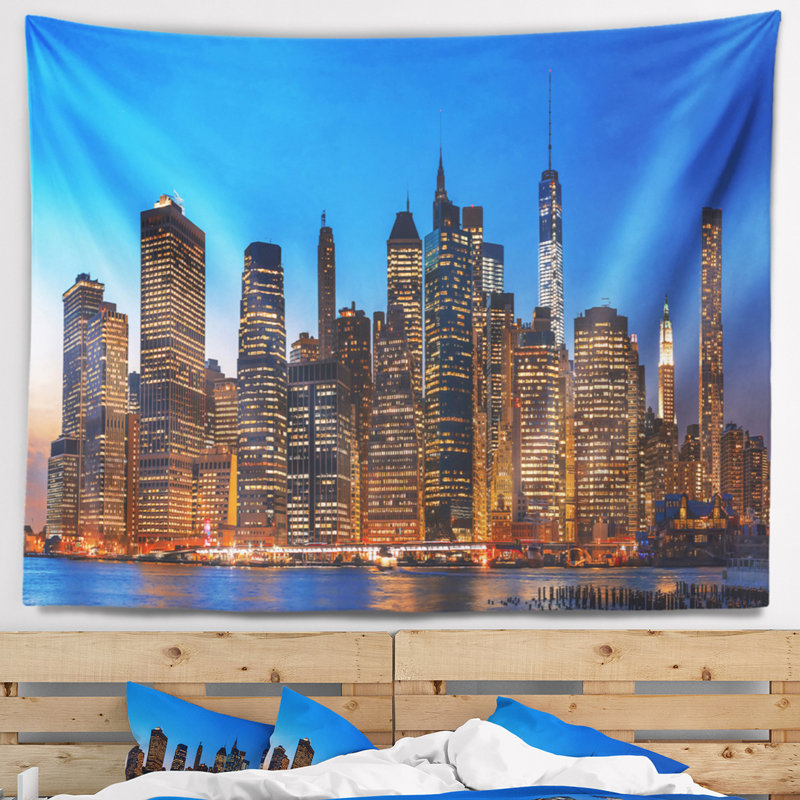 Tapisserie panorama new york night new york city avec accessoires suspendus inclus, H 50 po x l 60 po
