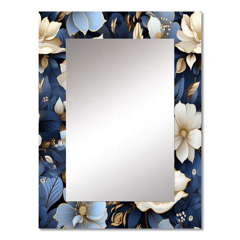 Jonesy White Blue Nightfall Floral Elegance - miroir mural décoratif floral, miroir de chalet, impression d'art en métal