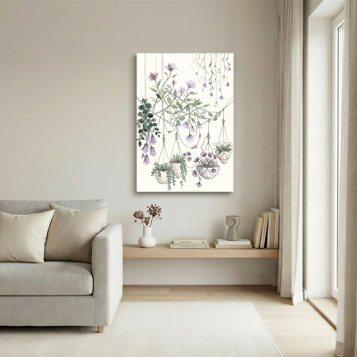 Hanging Planters With Purple Flowers Succulents Watercolor Canvas Wall Art