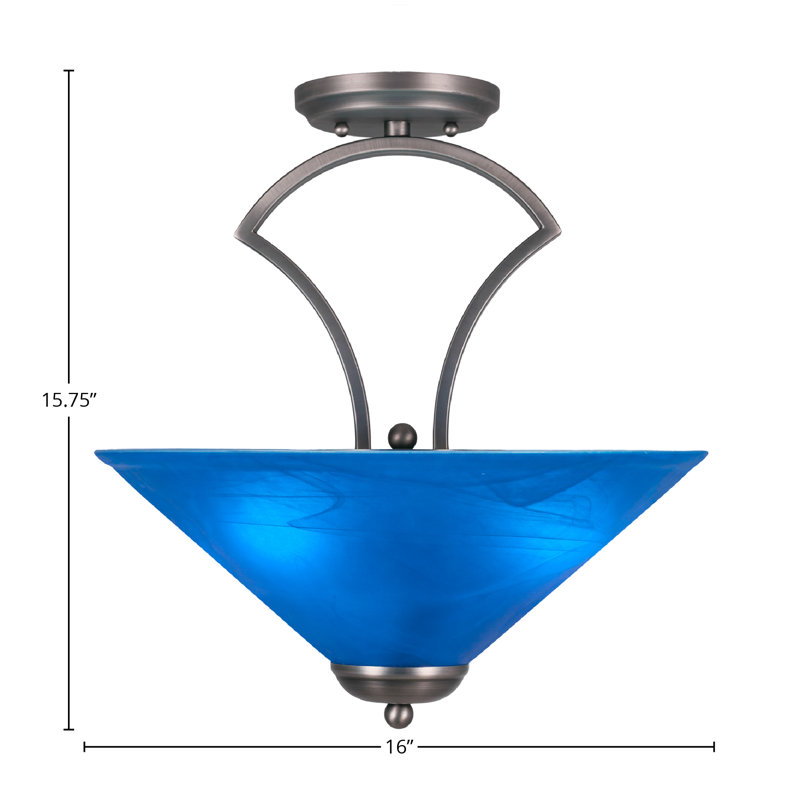 Zilo Semi-Flush 3-Bulbs Shown In Dark Granite Finish With 16" Blue Italian Glass, Graphite