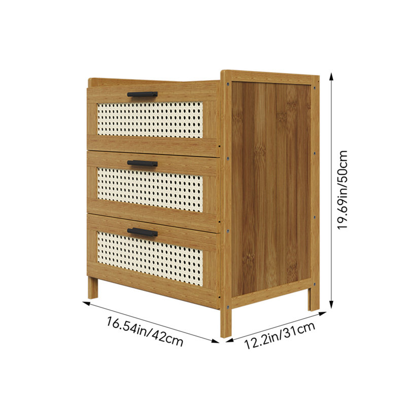 3-Drawer Narrow Bedside Table with Plastic Rattan Details