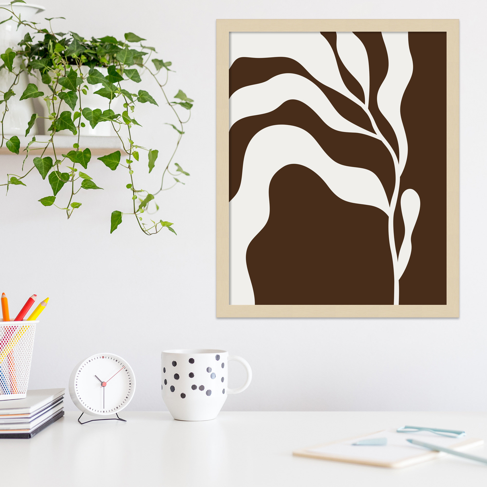 Retro Matisse Inspired Abstract Botanical 2 Brown, White, 21" H x 17" W x 1" D