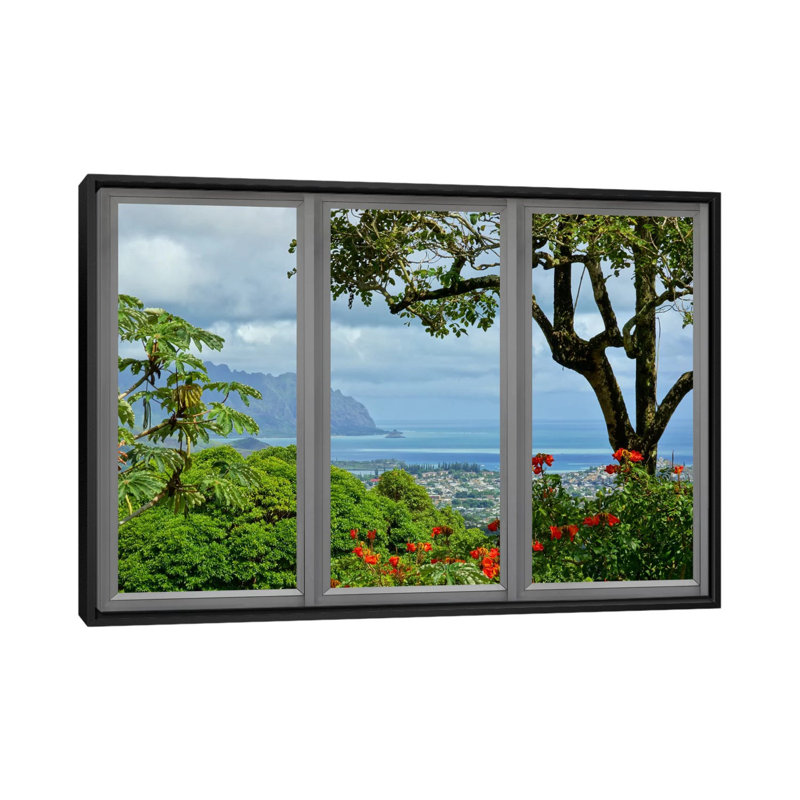 Vue de fenêtre d'Hawaï, reproduction de photo sur toile tendue, Toile avec cadre noir, Pas de tapis
