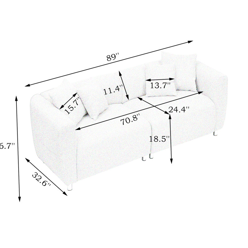 Pouf 3 places de 226 cm (89 pouces), structure en bois massif, pieds en métal, 4 coussins, lin et coton jaune, coussins doux pour la nuque, oreillers lavables, idéal pour un salon, un bureau ou une réception.