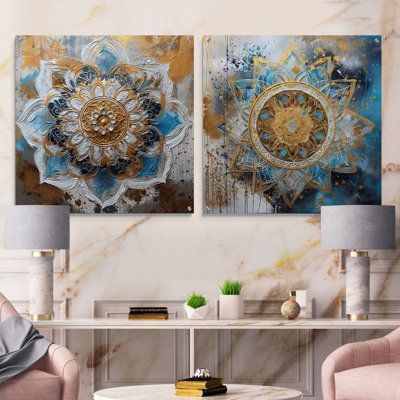 Blue And Gold Mandala I - Boho Mandala Acrylic Wall Art Glass Set Of 2