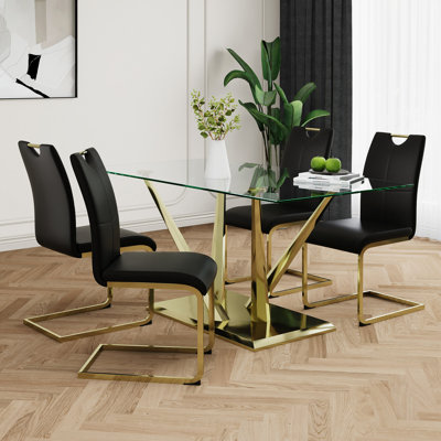 Table de salle à manger en verre de style moderne, design transparent élégant, base robuste en acier inoxydable, ensemble de chaises de salle à manger, avec pieds de chaise plaqués or, convient à la salle à manger et à la cuisine (ensemble de 5)