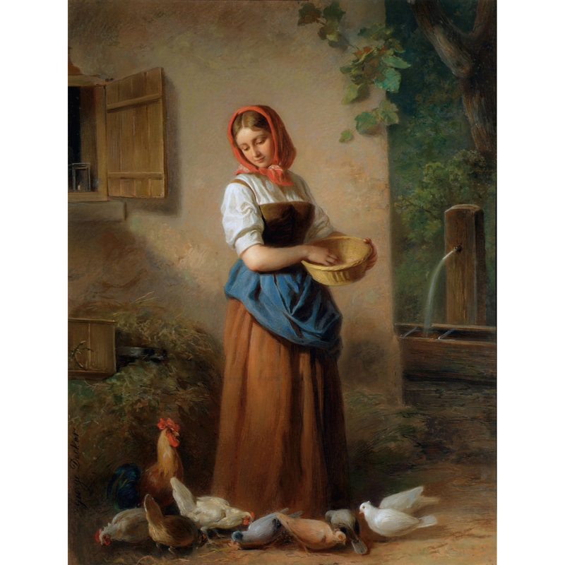 Ein Mädchen, Hühner et Tauben fterntern (1850-1855), H 32 po x l 25 po x P 1,5 po