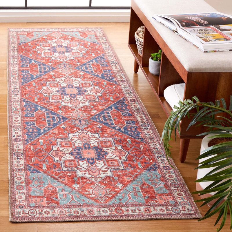 Wassay Cotton/Chenille Machine Washable Southwestern Rug in Rust/Blue, Runner 2'2" x 8'