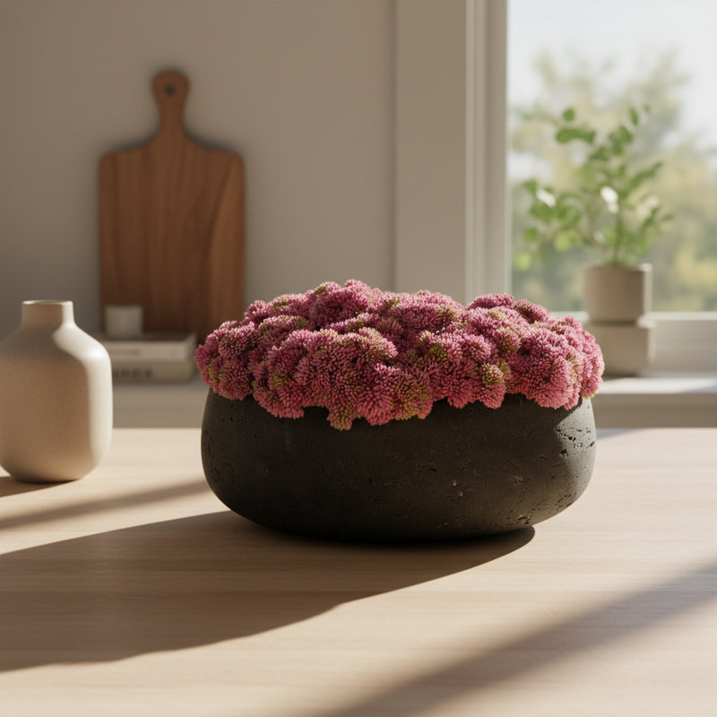 Sedum disposée en pot de fibres, Noir, Rose