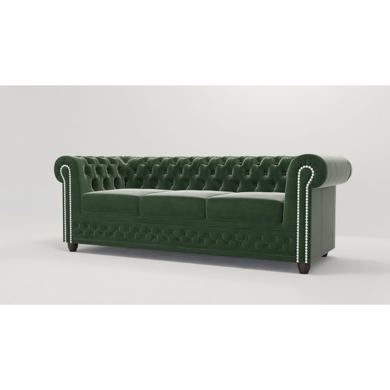 Chesterfield Hanna 3 Seater Sofa with Sleeping Function Made of Velvet Fabric with Solid Wood Legs, Bottle Green