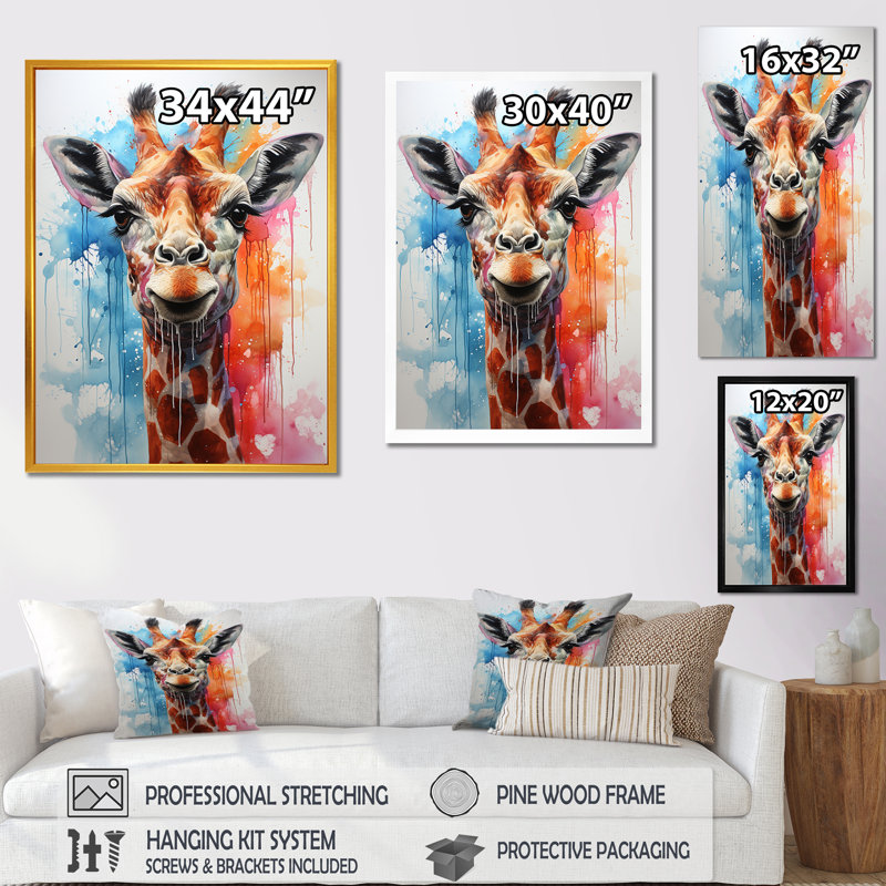Popart, girafe, art mural, Cadre doré simple, H 44 po x l 34 po x P 1,5 po
