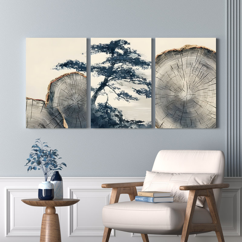 «Tree Slice and Silhouette», reproduction d'art moderne sur toile tendue sur toile (ensemble de 3), H 18 po x l 36 po