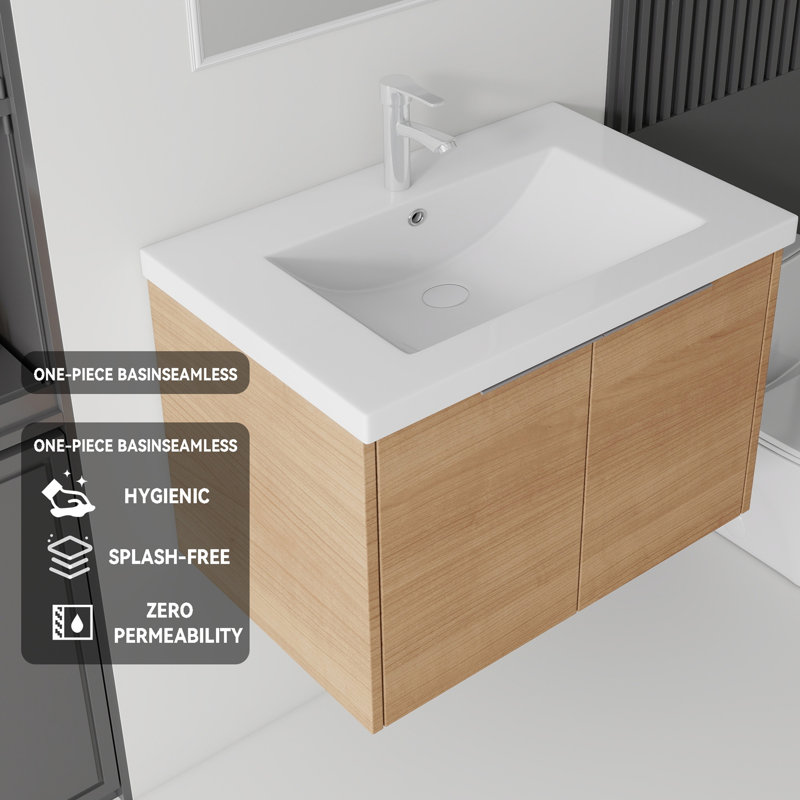 Meuble-lavabo flottant 30 po avec lavabo, porte à fermeture en douceur, lavabo en céramique, Chêne, 30"