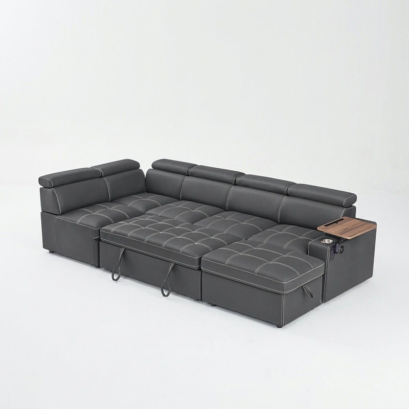 Canapé-lit modulaire avec repose-pieds, rangement d'accoudoirs, ports USB, table d'appoint rotative et porte-gobelets, Gris