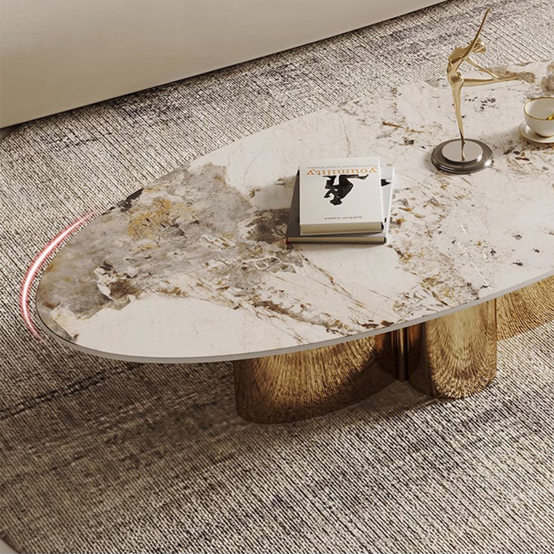 Modern simple oval high-end coffee table, 15.7" H x 55" L x 27.5" D, Brown/White/Gold