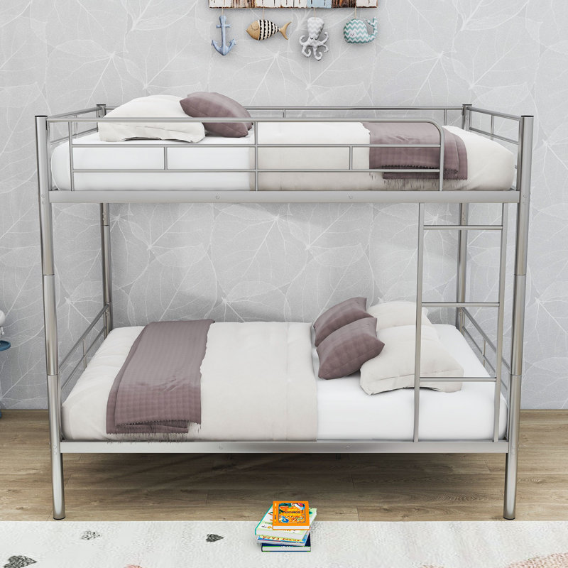 Lit superposé en métal avec échelle durable et conception convertible, Lit superposé double sur double, Argent argent