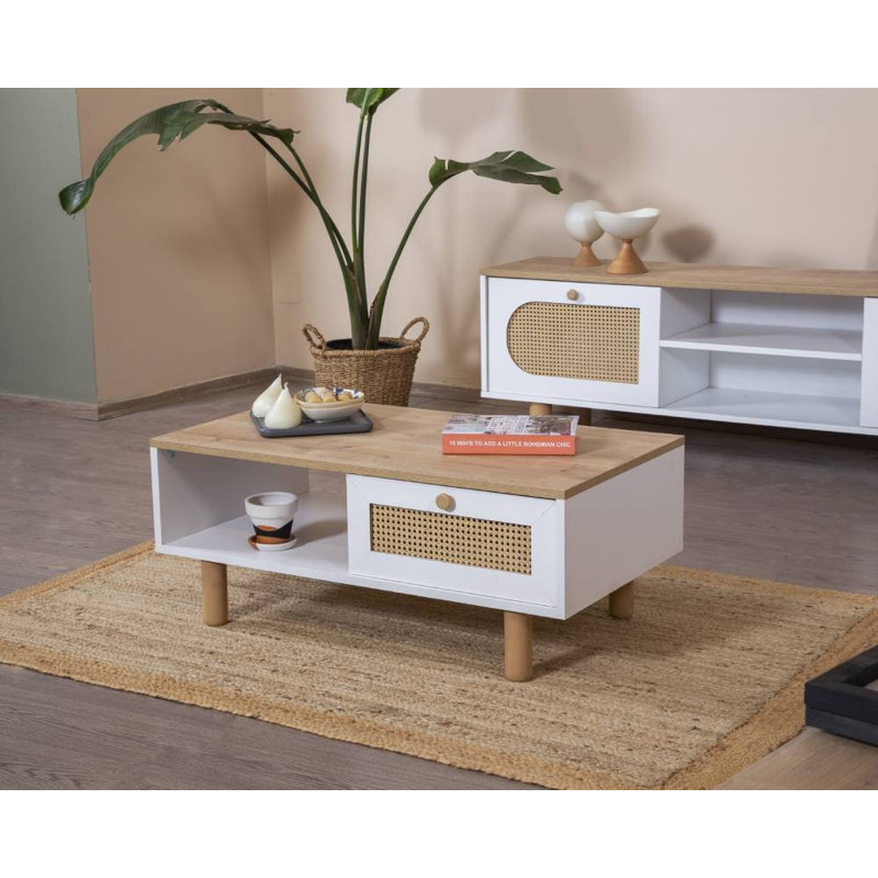 Table basse scandinave moderne avec rangement supplémentaire, finition blanche et chêne, 39,4 x 17,7 x 17,7 pouces | Panneau 100% aggloméré mélaminé, pieds et poignées en bois de charme, portes à fermeture en douceur, design élégant et fonctionnel
