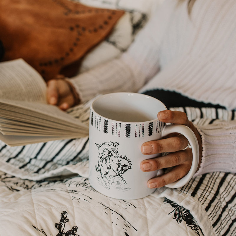Ranch Life Black White Ceramic Western Rustic Farmhouse 4 Piece Coffee Mug Set, Bronco