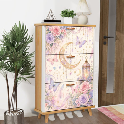 Shoe Storage Cabinet with 3 Flip Drawers for Whimsical Floral Celestial Butterflies Lantern Shoe Rack Storage Organizer