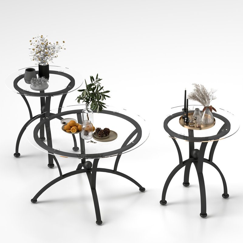 Ensemble de 3 tables basses de surface en verre trempé, table d'appoint ronde décorative avec construction robuste pour le salon