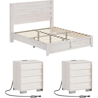 Louby Farmhouse 3 Piece Platform Bed And Nightstand Bedroom Set