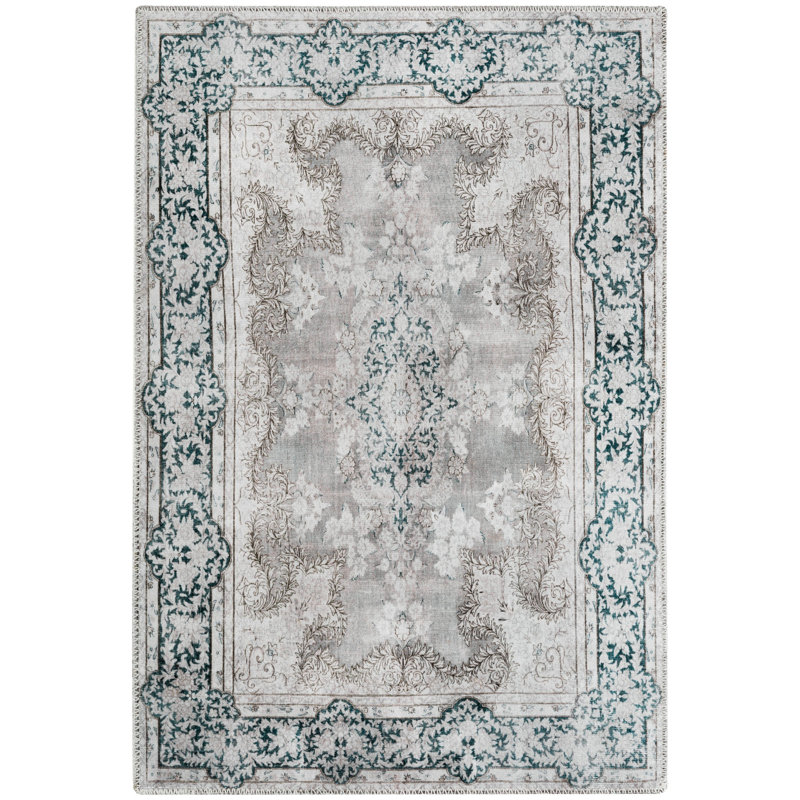 Gray and Teal Vintage Floral Washable Synthetic Area Rug 9' x 12'