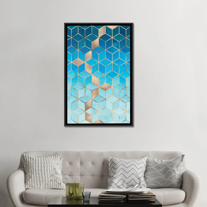«Sea and Sky Cubes», impression sur toile, H 26 po x l 18 po x P 1,5 po, Toile avec cadre noir, Pas de tapis
