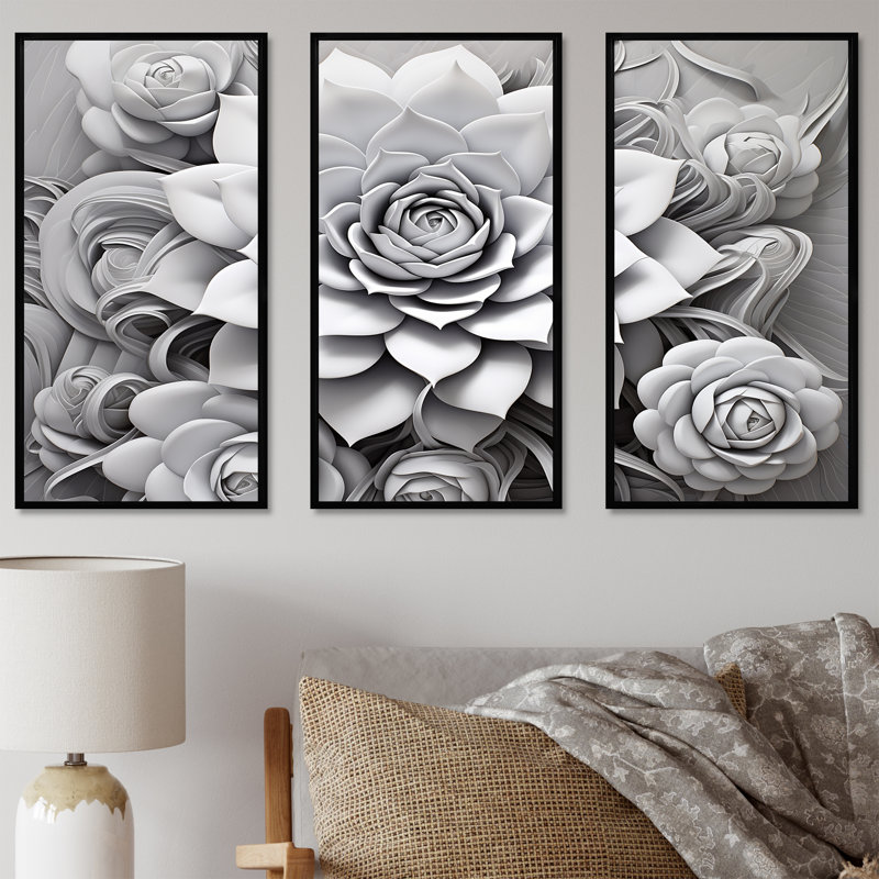 Minimalisme noir et blanc «Succulent II» - ensemble d'art mural sur toile, Cadre flottant noir, H 40 po x l 60 po x P 1 po