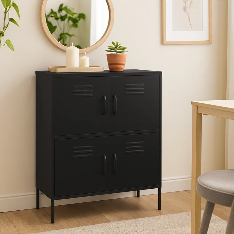Armoire de rangement en acier noir, 4 portes avec 2 tablettes réglables