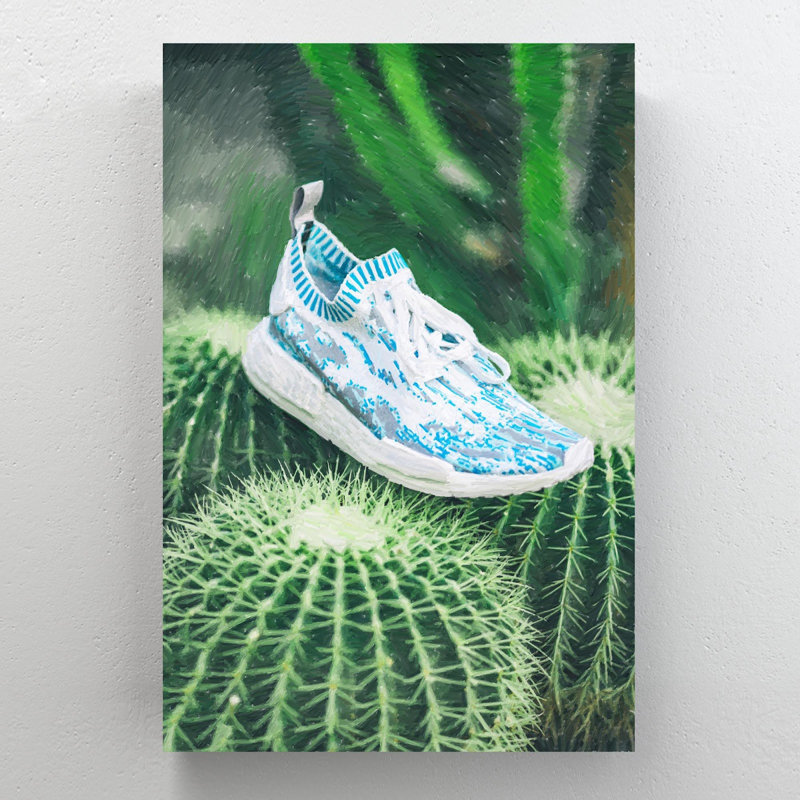 Espadrilles blanches et bleues, "Nmd Sneaker On Cactus Plant", reproduction d'art graphique sur toile tendue