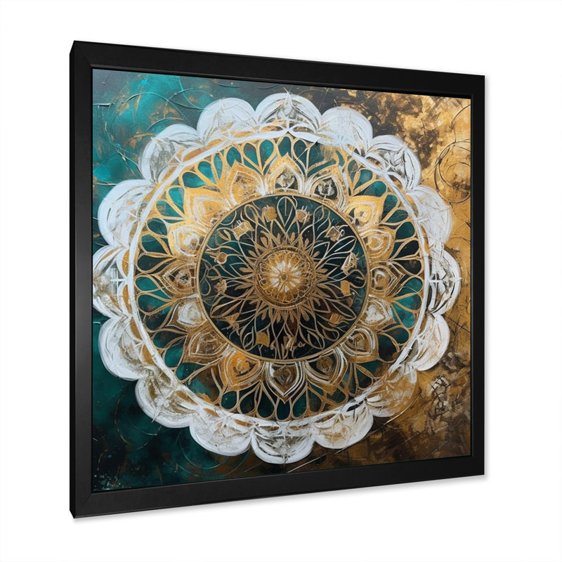 Sarcelle et mandala doré I sur toile, Cadre d'angle fermé noir, H 24 po x l 24 po x P 1 po