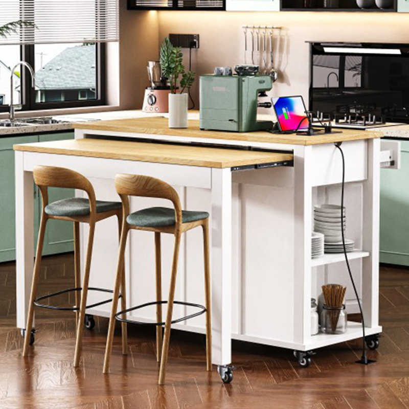 Îlot de cuisine 47 po avec table de salle à manger extensible, Blanc