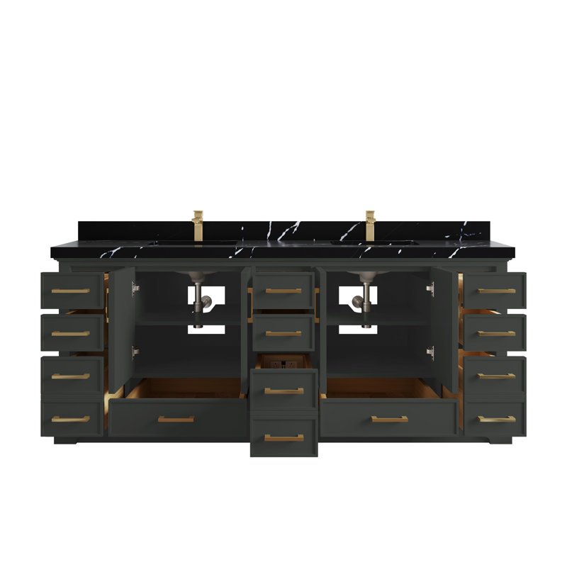 Meuble-lavabo double avec plateau Charlotte 84, Noir Calacatta