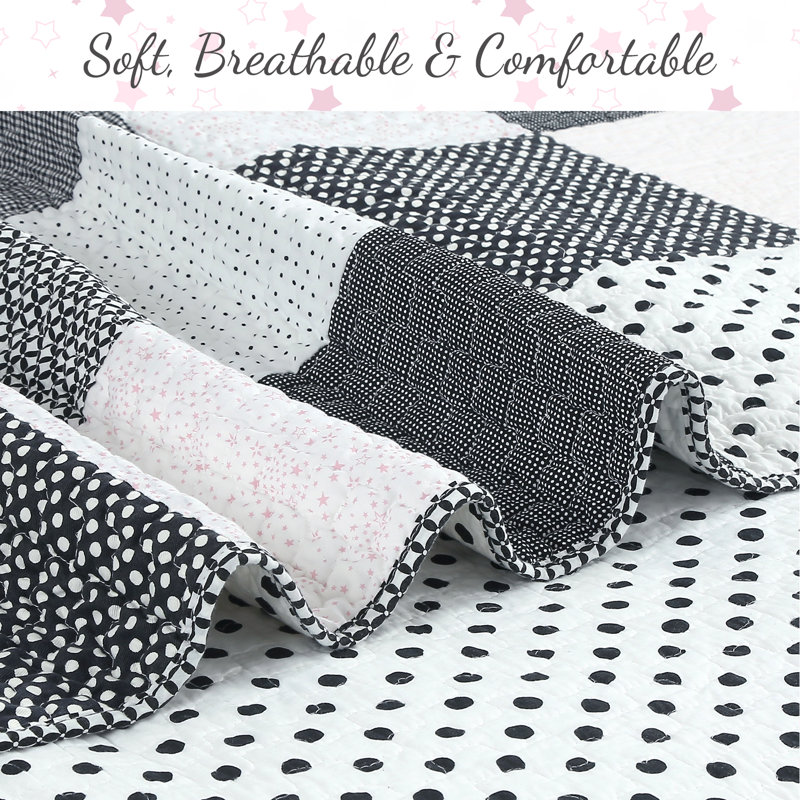 Ensemble de literie en coton à demi-teinte noir et blanc à pois rose, Couette simple + 1 taie décorative