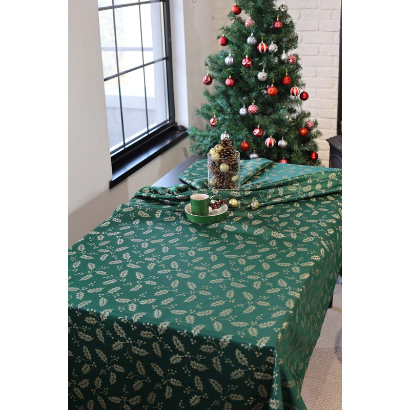 Holly Berry Tablecloth, 110" L x 59" W, Green/Gold