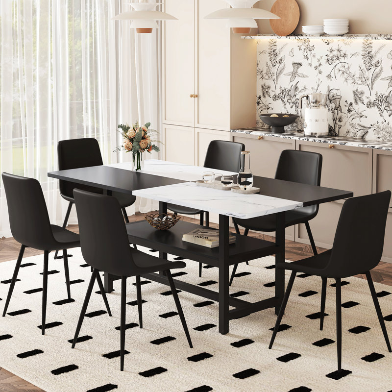 Table de salle à manger blanche et noire avec structure de bureau jumelée à 6 chaises en cuir artificiel pour amis, table de bureau, pieds en métal, chaises