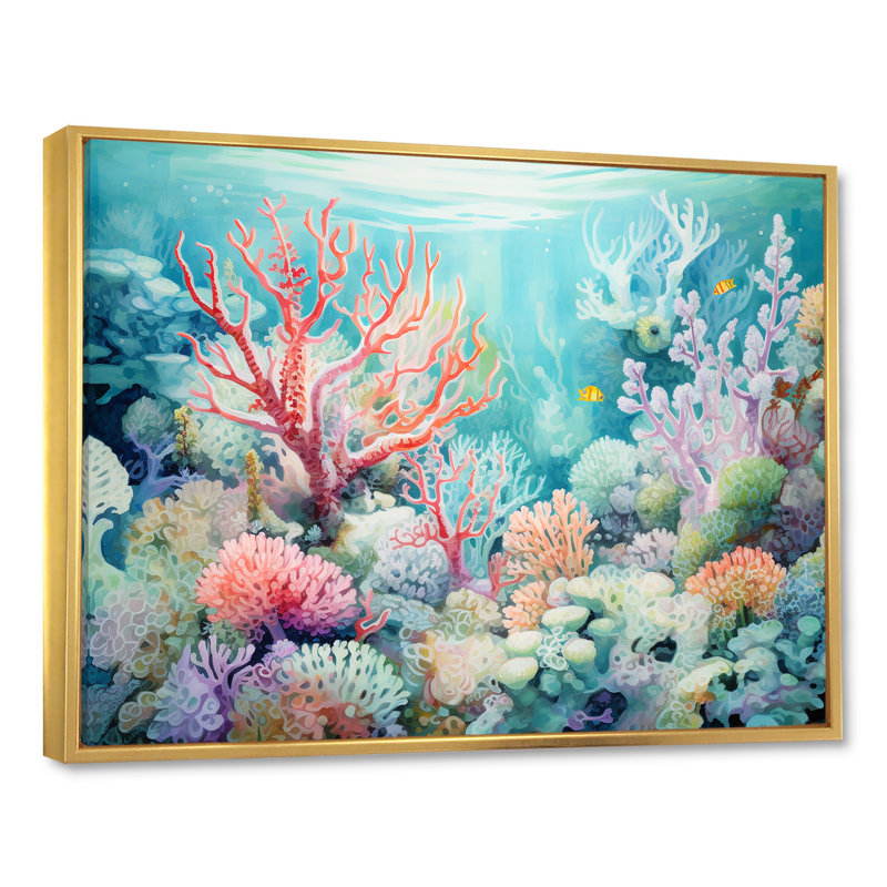 Underwater Coral Symphony Ii II - Coastal Coral Under Water, art mural, H 30 po x l 40 po x P 1,5 po, Cadre flottant doré