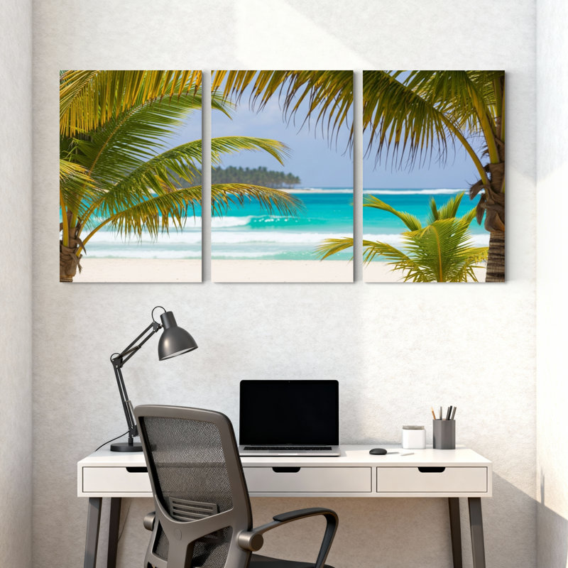 Palmiers, plage tropicale, palmiers, vagues de sable, ciel de sable, ensemble de 3 impressions sur toile, H 24 po x l 48 po