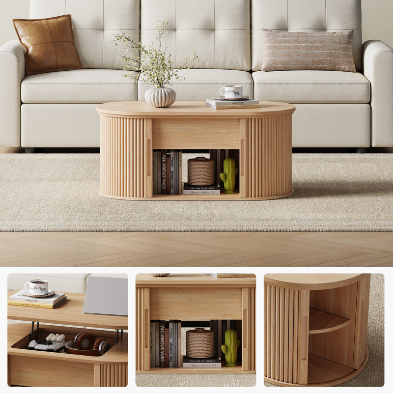 Table basse à plateau relevable avec rangement, Bois de chêne