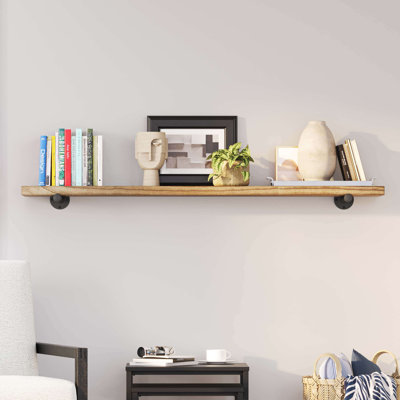 Vertell Long Wall Shelf, Industrial Pipe Shelving, Wooden Book Shelves for Living Room, Shelf Décor