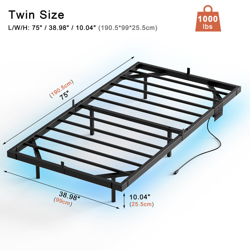 Zoller Floating Bed Frame with LED & Charging Station, Modern Metal Platform Bed, No Box Spring Needed, Twin