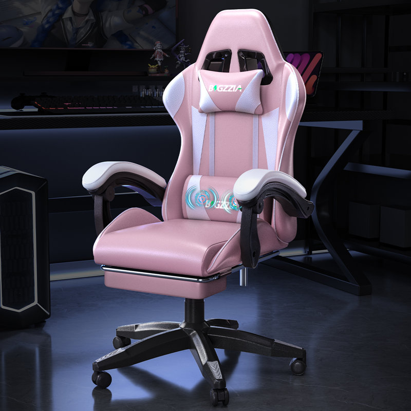 Ergonomic Game Chair with Massage Lumbar Support and Footrest Swivel, Pink