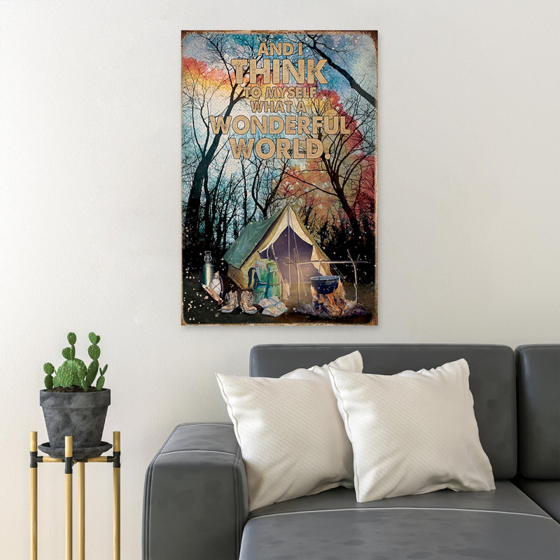 Tente de camping dans la forêt - et je pense à moi-même - 1 pièce, impression d'art graphique rectangulaire sur toile tendue