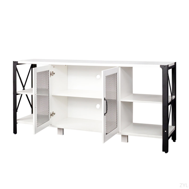 Meuble télé avec pieds en métal et tablettes ouvertes, Blanc