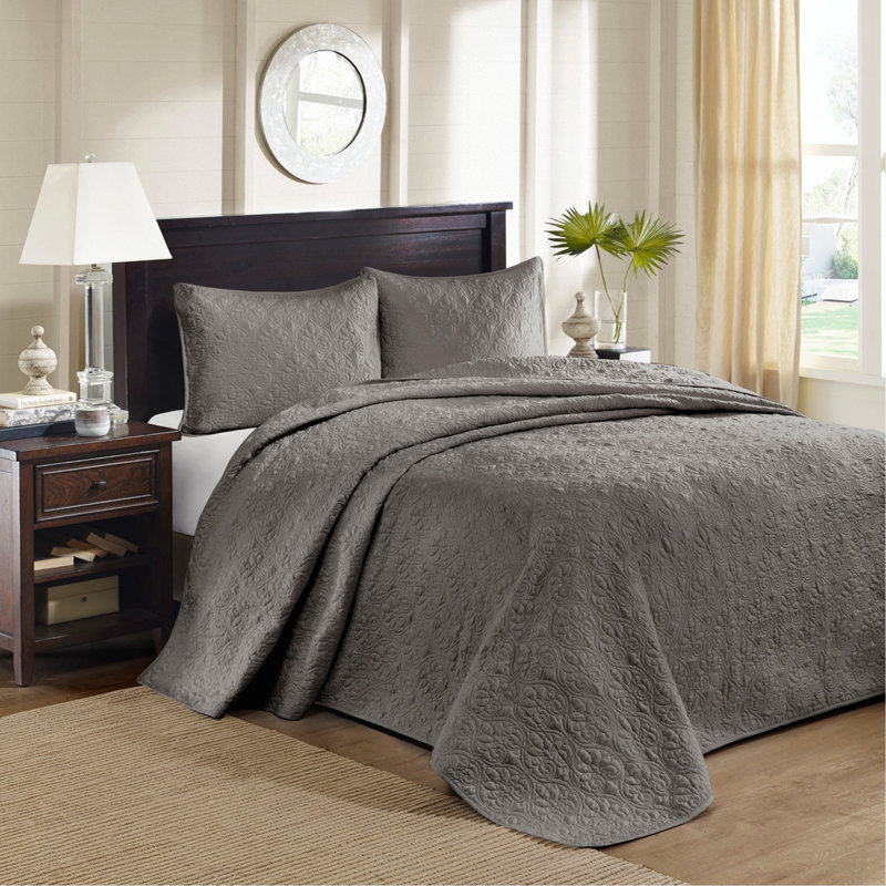 Reversible Bedspread Set, Queen Coverlet / Bedspread + 2 Shams, Dark Gray 